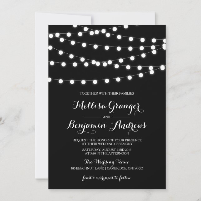 Luces de hadas blancas | Invitación a la boda negr (Anverso)