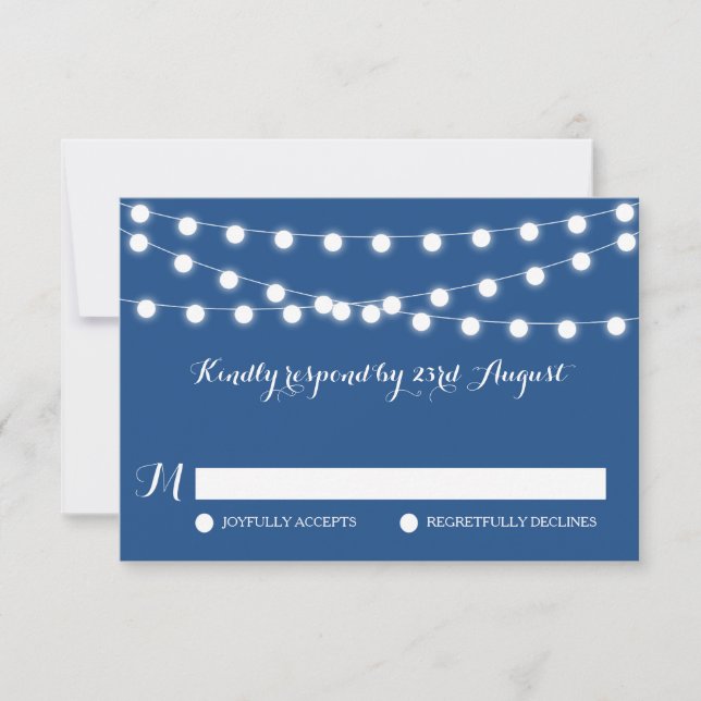 Luces de hadas blancas | Tarjeta RSVP de boda azul (Anverso)