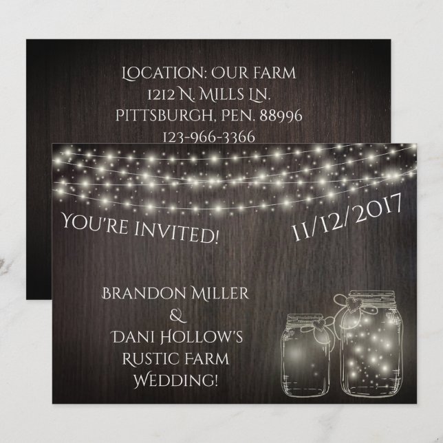 Luces de hadas y frascos de mason por invitaciones (Anverso / Reverso)