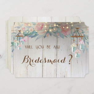 Luces de Mason Jar, flores, tarjeta de dama de hon