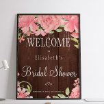 Luces de moda floral señal de bienvenida de ducha<br><div class="desc">Moda y poster elegante de señalización de ducha de novia con peonías rosadas ruidosas rústicas y luces brillantes de arrugas en el fondo de madera de granero marrón. Ideal para su verano | jardín |otoño | duchas caseras de temática rústica.</div>