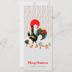 Luces de navidad, baubles, regalos y Rooster
