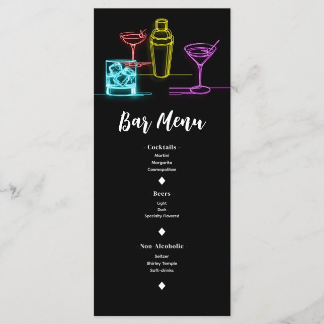 Luces de neón Cócteles Bar abierto Menú de boda (Anverso)