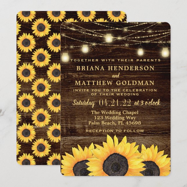 Luces de tarro de mason de girasoles Invitación de (Anverso / Reverso)