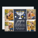 Luces estrelladas | Tarjeta de Collage de fotos Ha<br><div class="desc">La cédula de fotos festiva de Hanukkah presenta cuatro fotos en un diseño de collage, con "joyous Hanukkah" con letras blancas en un fondo azul marino acentuado con una menorah iluminada y estrellas blancas, azules y doradas. Personalice con sus nombres debajo y agregue una foto adicional a la parte posterior....</div>