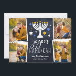 Luces estrelladas | Tarjeta de Collage de fotos Ha<br><div class="desc">La cédula de fotos festiva de Hanukkah presenta cuatro fotos en un diseño de collage, con "joyous Hanukkah" con letras blancas en un fondo azul marino acentuado con una menorah iluminada y estrellas blancas, azules y doradas. Personalice con sus nombres debajo y agregue una foto adicional a la parte posterior....</div>
