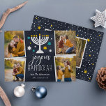 Luces estrelladas | Tarjeta de Collage de fotos Ha<br><div class="desc">La cédula de fotos festiva de Hanukkah presenta cuatro fotos en un diseño de collage, con "joyous Hanukkah" con letras blancas en un fondo azul marino acentuado con una menorah iluminada y estrellas blancas, azules y doradas. Personalice con sus nombres debajo y agregue una foto adicional a la parte posterior....</div>