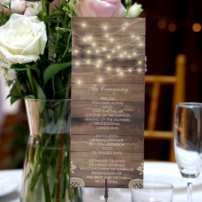Luces Rusticas de Madera y Cadenas | Programa de b (Rustic Wood & String Lights | Lace Wedding Program)