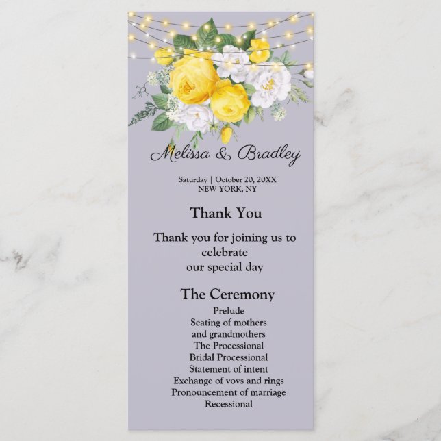 Luces rusticas Menú floral amarillo.Programa de bo (Anverso)