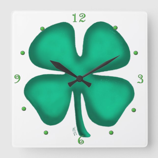 Lucky 4 Leaf Irish Clover cuadrado reloj de pared (Anverso)