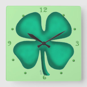 Lucky 4 Leaf Irish Clover reloj cuadrado de pared