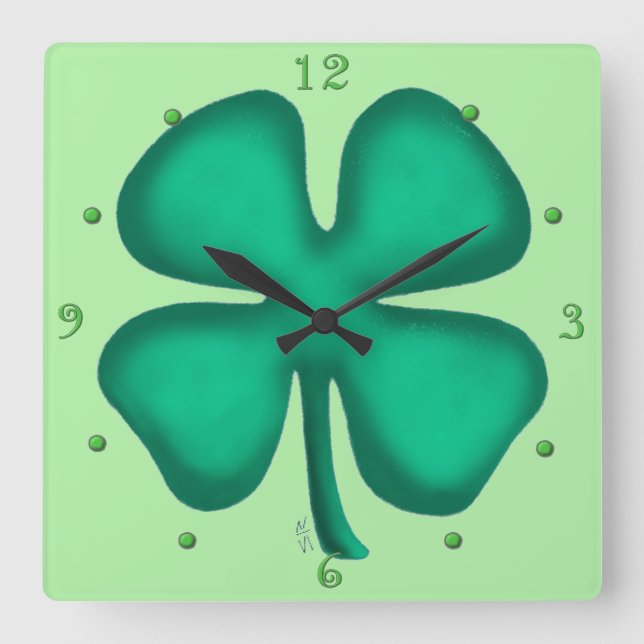 Lucky 4 Leaf Irish Clover reloj cuadrado de pared (Anverso)