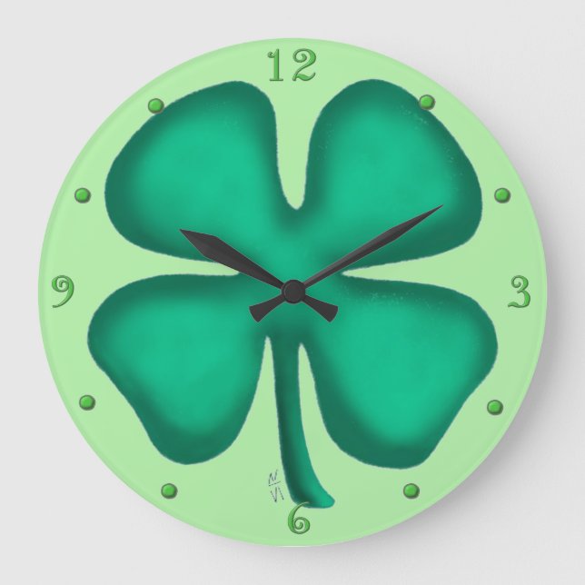 Lucky 4 Leaf Irish Clover reloj de pared verde (Anverso)