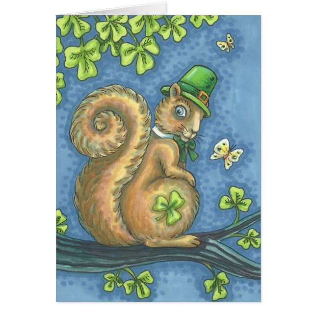 LUCKY IRISH LEPRECHAUN SQUIRREL GREETING CARD Vers (Frente)