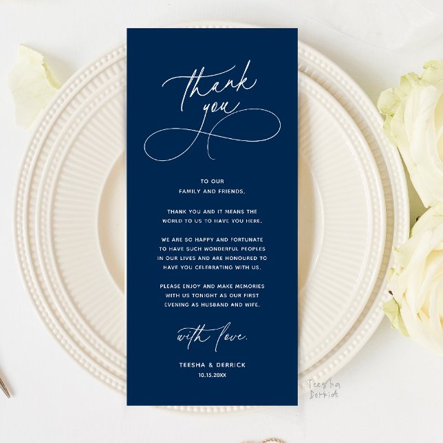 Lugar de Cena de Boda Romántica Tarjeta de Agradec (Romantic Wedding Place Setting Thank You Card in Navy Blue)