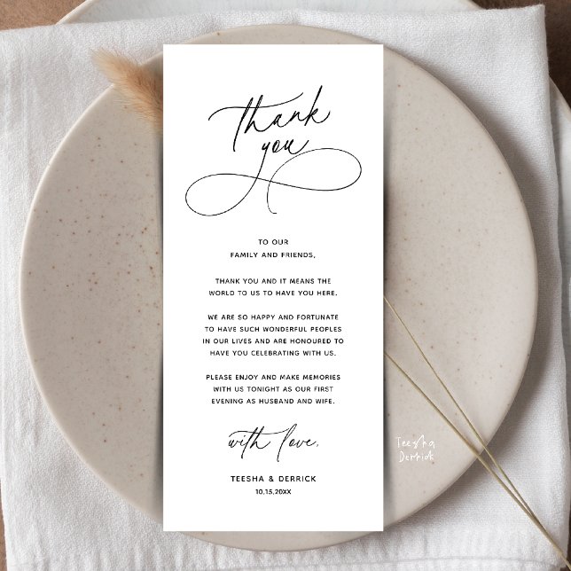 Lugar de Cena de Boda Romántica Tarjeta de Agradec (Romantic Wedding Place Setting Thank You Card in Black and white)