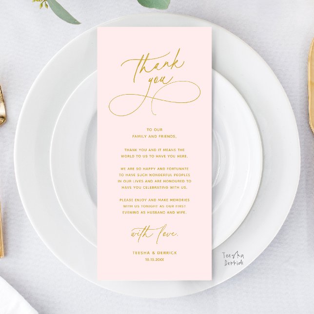 Lugar de Cena de Boda Romántica Tarjeta de Agradec (Romantic Wed Dinner Place Setting Thank You Card in Gold Yellow Blush)