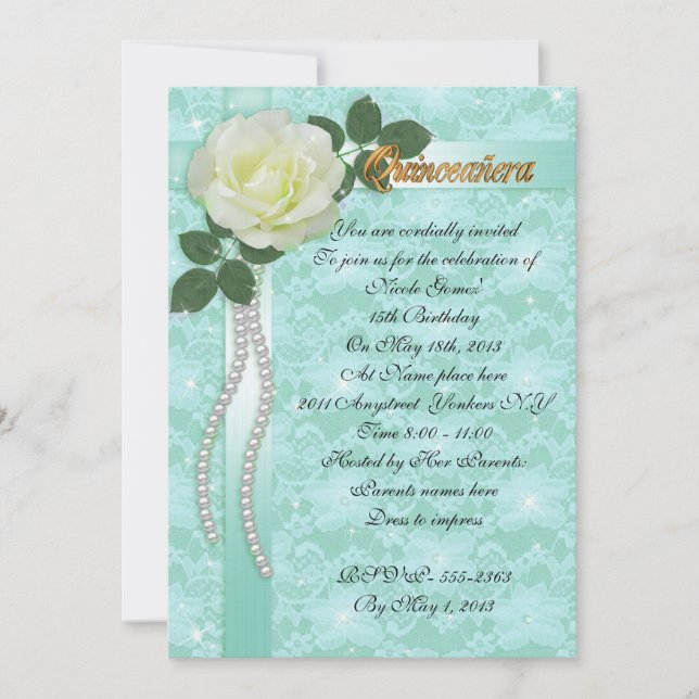 Lugar de invitación Quinceanera y rosa blanco (Anverso)
