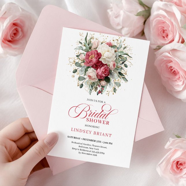 Lujo Bohemio Invitación de Boda Roja y Dorada (Luxury Bohemian Crimson Red White Gold Bridal Shower)