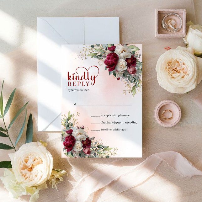 Lujo Boho Rojo Blanco Floral Dorado RSVP de Boda (Luxury Boho Red White Floral Gold Wedding RSVP)