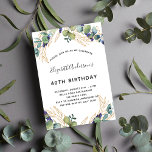 Lujo de vegetación eucaliptos de cumpleaños<br><div class="desc">Para una fiesta de cumpleaños número 40 (o cualquier edad). Un fondo blanco decorado con vegetación eucaliptos y hojas doradas. Personalice y agregue sus nombres y detalles del boda. Letras de color negro y dorado.</div>