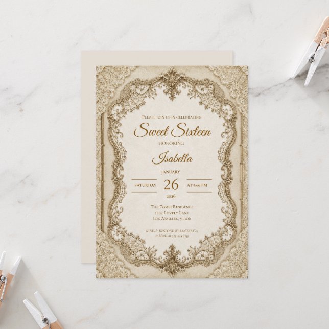 Lujo Invitación Cumpleaños 16 Marfil Dorado Encaje (Anverso/Reverso In Situ)