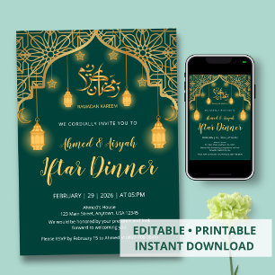 Lujo Invitación Iftar Verde Esmeralda y Dorado Geo