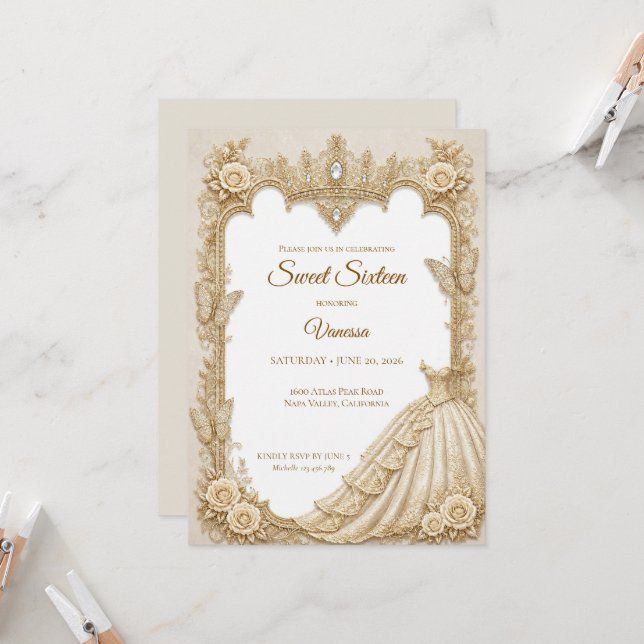 Lujo Invitación Princesa Dulces 16 Marfil Dorado (Anverso/Reverso In Situ)