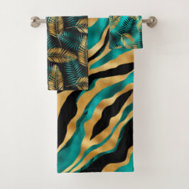 Lujo Rayas de Tigre Verde Teal y Hojas Tropicales 