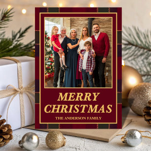 Lujo Tarjeta de Navidad con Foto Familiar Tartán