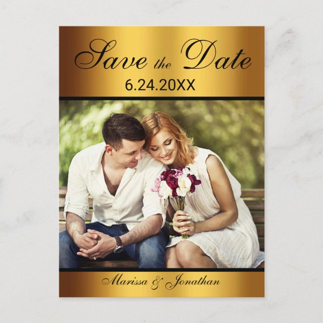 Lujo Tarjeta Negra de Oro Foto Boda Save the Date (Anverso)