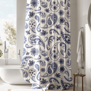 Lujosa Cortina de Ducha Paisley Blanca y Azul