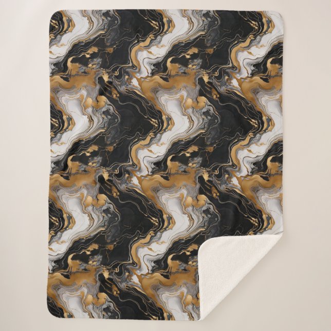 Lujosa manta Sherpa de Mármol Negro y Oro (Anverso)