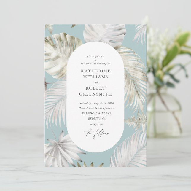 Lujoso follaje tropical invitación a la boda azul (Anverso de pie)