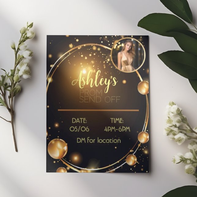 Lujoso moro negro y oro despide volante (Luxurious Black and Gold Prom Send Off Flyer
Unveiling the ultimate kickoff to a night of elegance)