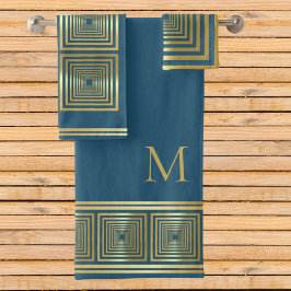 Lujoso nombre dorado azul inicial Equipo de toalla