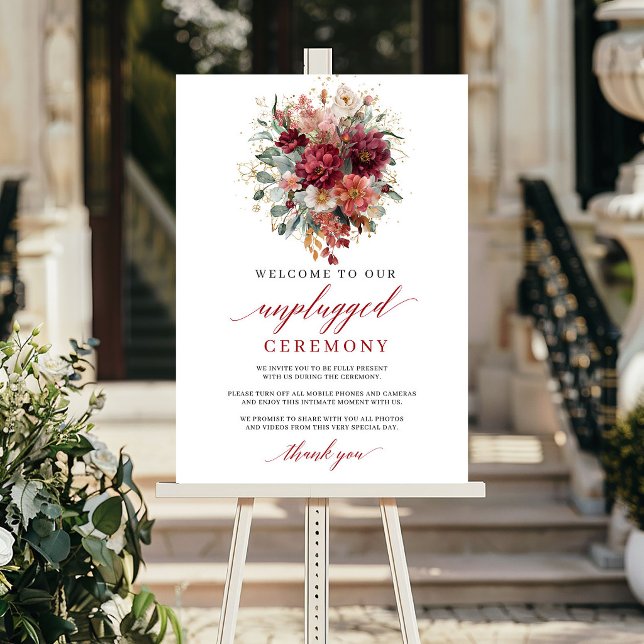 Lujoza Señal de Ceremonia sin Dispositivos Móviles (Luxe Marsala Autumn Floral Unplugged Ceremony Sign

)