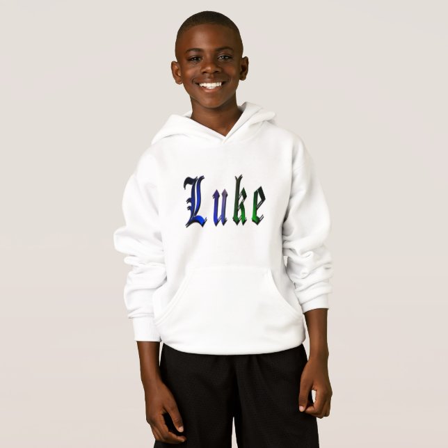 Luke, Nombre, Logo, Boys White Fleece Hoodie. (Anverso completo)