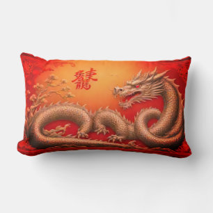 Lumbar Cojín decorativo de año nuevo del dragón rojo dora