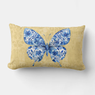 Lumbar Cojín decorativo de mariposas Chinoiserie Blue Whi