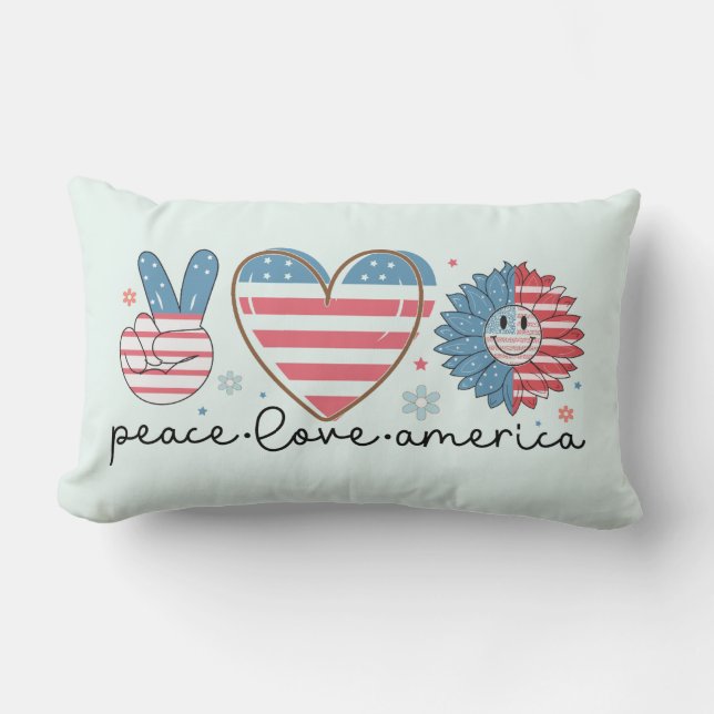 Lumbar Cojín decorativo Patriótico Peace Love America (Anverso)