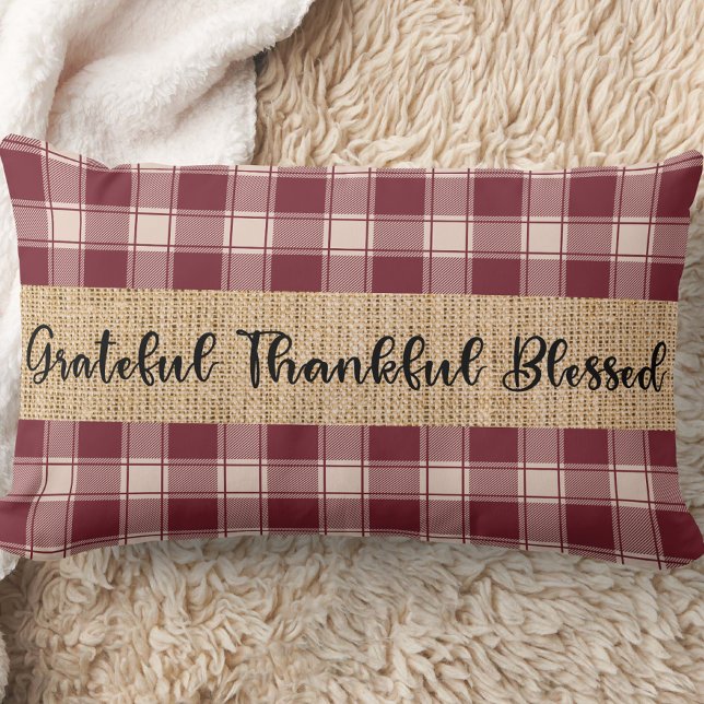 Lumbar Cojín decorativo Rústico Plaid Farmhouse (Red and cream colored plaid throw pillow with the phrase, grateful, thankful, blessed)