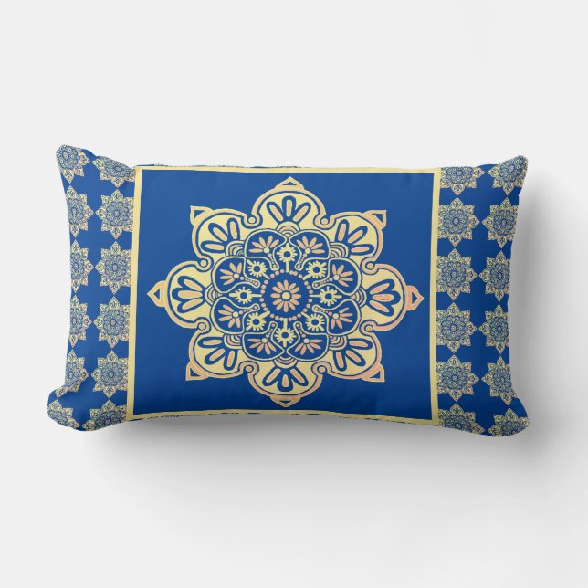 Lumbar Medallón Boho Cojín decorativo, oro azul (Anverso)
