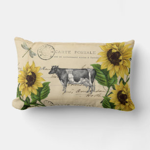 Lumbar Vintage Cow Yellow Sunflower Postcard Cojín decora