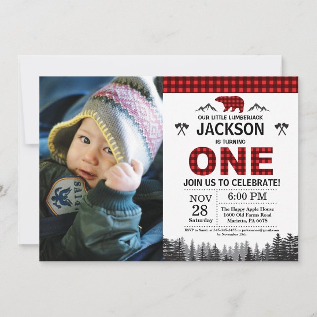Lumberjack 1er cumpleaños Invitación Bear Woodland (Anverso)