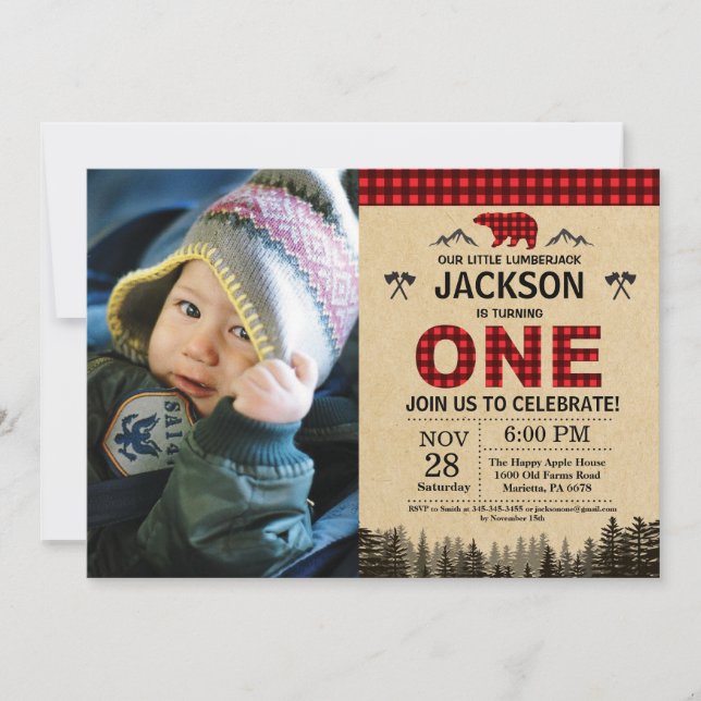 Lumberjack 1er cumpleaños Invitación Bear Woodland (Anverso)