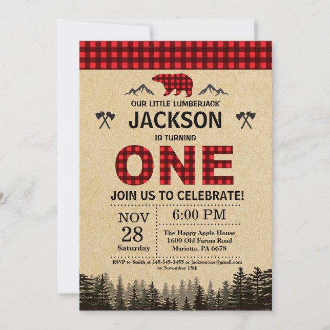 Lumberjack 1er cumpleaños Invitación Bear Woodland (Anverso)
