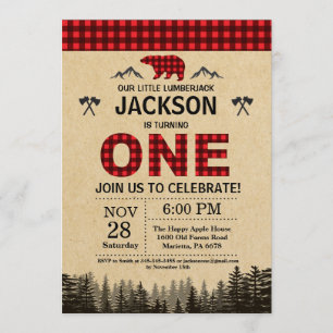 Lumberjack 1er cumpleaños Invitación Bear Woodland