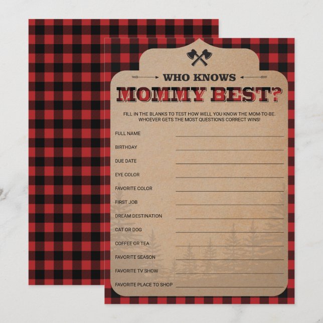 Lumberjack Baby Shower Game Who Knmy Best (Anverso / Reverso)