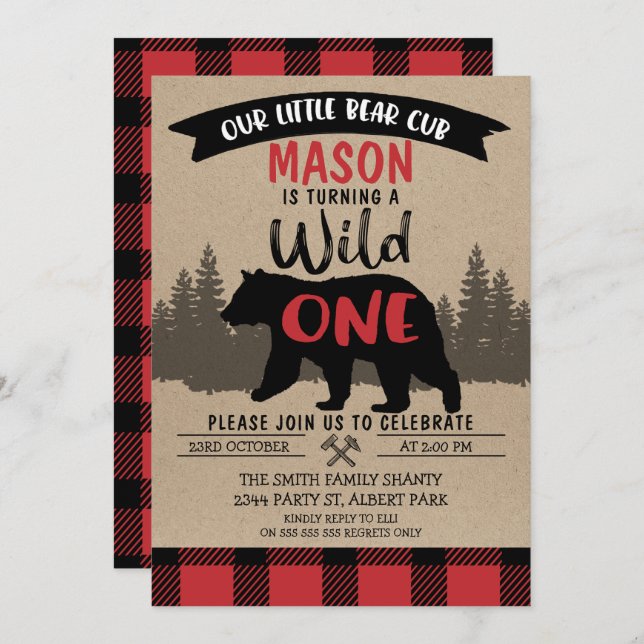Lumberjack Bear Cub Wild One Birday Invitación (Anverso / Reverso)